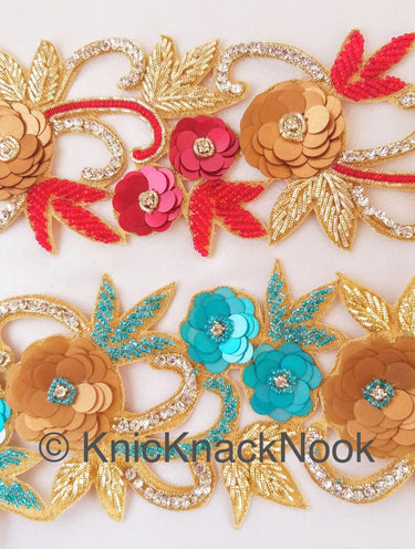 Red / Blue & Gold Hand Embroidered Zardozi Cutwork Lace Trim Beaded Trim, Sequins Rhinestones Wedding Bridal Belt Decorative